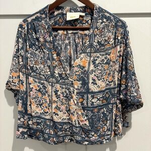 Maeve Anthropologie Blouse Womens S Small Blue Multicolor Floral Boho 3/4 Sleeve